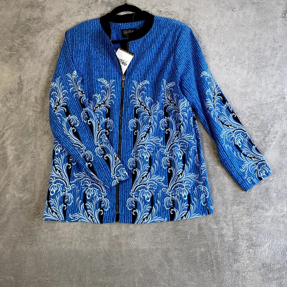 Bob Mackie Blue Full Zip Top NWT Artsy Statement Jacket Retro Coastal Size M